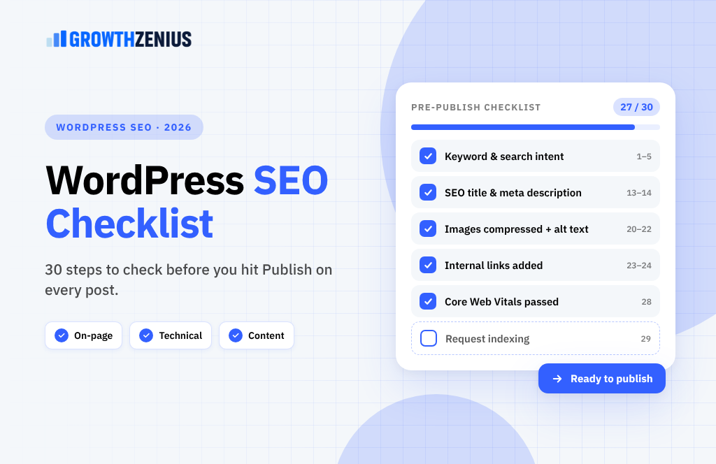 WordPress SEO checklist 2026 with 30 steps by Growth Zenius
